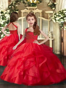 Dramatic Red Ball Gowns Tulle Straps Sleeveless Ruffles and Ruching Floor Length Lace Up Little Girls Pageant Dress Wholesale