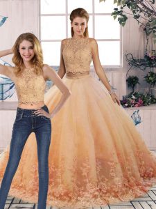 Peach Backless Scalloped Lace Quinceanera Dress Tulle Sleeveless Sweep Train
