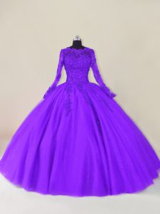 Fashionable Long Sleeves Tulle Floor Length Zipper Quinceanera Gowns in Purple with Lace and Appliques