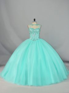 Glittering Apple Green Tulle Lace Up Scoop Sleeveless Quinceanera Gowns Brush Train Beading