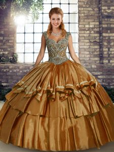 Clearance Brown Lace Up Straps Beading and Ruffled Layers Vestidos de Quinceanera Taffeta Sleeveless