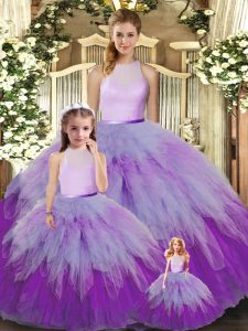 Low Price Multi-color Organza Backless Quince Ball Gowns Sleeveless Floor Length Ruffles