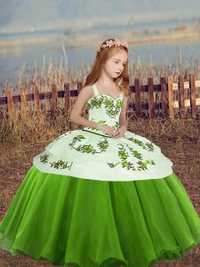 Green Ball Gowns Organza Straps Sleeveless Embroidery Floor Length Lace Up Little Girl Pageant Gowns