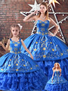 Modern Sweetheart Sleeveless 15th Birthday Dress Embroidery Blue Satin and Organza