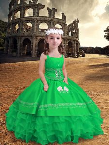 Green Zipper Kids Pageant Dress Embroidery and Ruffled Layers Sleeveless Floor Length