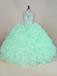 Designer Brush Train Ball Gowns Quinceanera Dress Apple Green Halter Top Fabric With Rolling Flowers Sleeveless Lace Up
