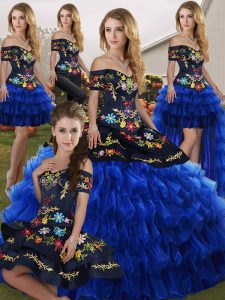Fantastic Blue And Black Organza Lace Up 15 Quinceanera Dress Sleeveless Floor Length Embroidery and Ruffled Layers