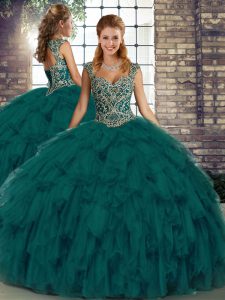 Eye-catching Peacock Green Organza Lace Up Straps Sleeveless Floor Length Sweet 16 Dress Beading and Ruffles