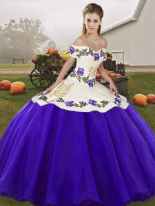 White And Purple Ball Gowns Embroidery Sweet 16 Dress Lace Up Organza Sleeveless Floor Length
