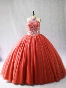 Attractive Red Sleeveless Beading Lace Up Quinceanera Gowns