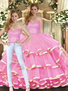 Rose Pink Sweetheart Lace Up Ruffled Layers 15th Birthday Dress Sleeveless