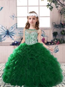 Latest Floor Length Lace Up Girls Pageant Dresses Dark Green for Party and Military Ball and Wedding Party with Beading and Ruffles