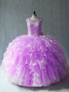 Lilac Sleeveless Floor Length Beading and Ruffles Lace Up Quinceanera Dress