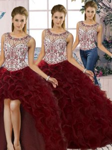 Great Organza Scoop Sleeveless Lace Up Beading and Ruffles Quinceanera Dresses in Burgundy