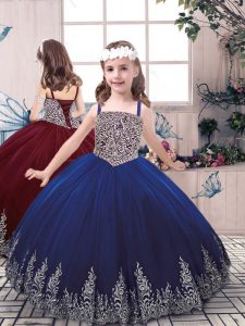Straps Sleeveless Child Pageant Dress Floor Length Beading and Embroidery Blue Tulle