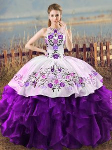 Comfortable Halter Top Sleeveless Quinceanera Dresses Floor Length Embroidery and Ruffles White And Purple Organza