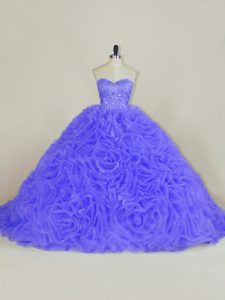 Purple Organza and Fabric With Rolling Flowers Lace Up 15 Quinceanera Dress Sleeveless Brush Train Beading and Ruffles