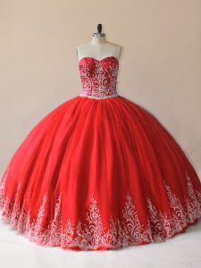 Fabulous Tulle Sweetheart Sleeveless Lace Up Embroidery Vestidos de Quinceanera in Red