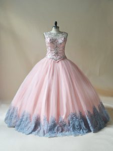 Beading and Appliques 15 Quinceanera Dress Pink Lace Up Sleeveless Floor Length