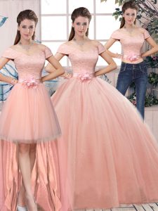Charming Pink Lace Up Sweet 16 Dress Lace and Hand Made Flower Short Sleeves Floor Length
