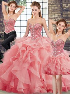 Watermelon Red Tulle Lace Up Quinceanera Gowns Sleeveless Brush Train Beading and Ruffles