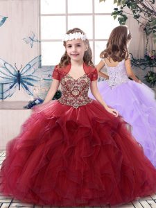 Red Straps Lace Up Beading Little Girl Pageant Dress Sleeveless
