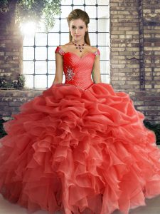 Orange Red Ball Gowns Off The Shoulder Sleeveless Organza Floor Length Lace Up Beading and Ruffles and Pick Ups Quinceanera Dress