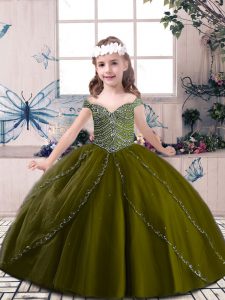 Floor Length Olive Green Little Girl Pageant Dress Straps Sleeveless Lace Up