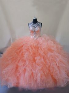 Decent Peach Lace Up Sweet 16 Dresses Beading and Ruffles Sleeveless Court Train