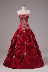 Floor Length Wine Red Quinceanera Gowns Strapless Sleeveless Lace Up