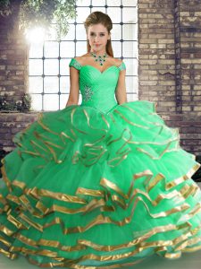 Turquoise Off The Shoulder Lace Up Beading and Ruffled Layers Sweet 16 Quinceanera Dress Sleeveless