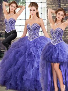 Nice Floor Length Lavender Sweet 16 Dresses Tulle Sleeveless Beading and Ruffles