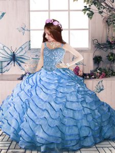 High Quality Beading and Ruffled Layers Little Girls Pageant Dress Blue Lace Up Sleeveless Floor Length Court Train