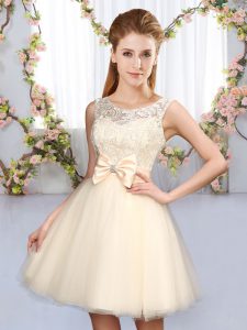 Modern Champagne Scoop Lace Up Lace and Bowknot Quinceanera Court of Honor Dress Sleeveless