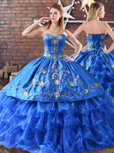 Floor Length Blue Vestidos de Quinceanera Satin and Organza Sleeveless Embroidery