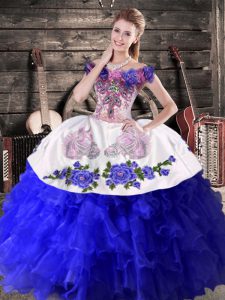 Exquisite Embroidery and Ruffles Quinceanera Gown Royal Blue Lace Up Sleeveless Floor Length