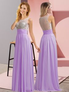 Lavender Empire Chiffon Scoop Sleeveless Beading Floor Length Side Zipper Quinceanera Court of Honor Dress