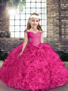 Straps Sleeveless Fabric With Rolling Flowers Pageant Gowns For Girls Beading Lace Up