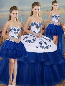 Royal Blue Tulle Lace Up Sweetheart Sleeveless Floor Length Ball Gown Prom Dress Embroidery and Bowknot
