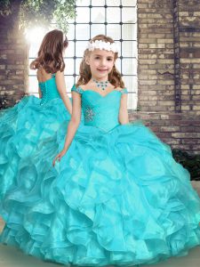 Aqua Blue Sleeveless Floor Length Beading and Ruffles Lace Up Kids Formal Wear
