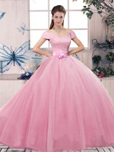 Short Sleeves Floor Length Lace and Hand Made Flower Lace Up Vestidos de Quinceanera with Rose Pink