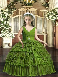 Simple Beading and Ruffled Layers Child Pageant Dress Olive Green Backless Sleeveless Floor Length