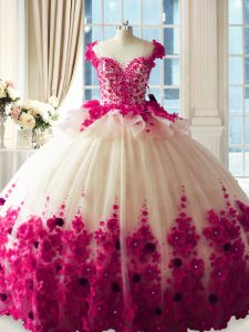 Fancy Fuchsia Ball Gowns Scoop Sleeveless Tulle Brush Train Zipper Hand Made Flower 15th Birthday Dress