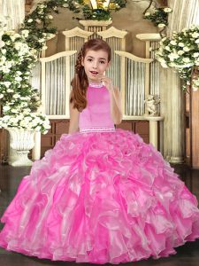 Charming Floor Length Rose Pink Little Girls Pageant Gowns Organza Sleeveless Beading and Ruffles