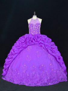 Purple Sleeveless Floor Length Beading and Appliques and Embroidery and Pick Ups Lace Up 15th Birthday Dress