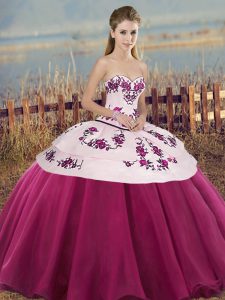 Unique Fuchsia Tulle Lace Up Sweet 16 Dress Sleeveless Floor Length Embroidery and Bowknot