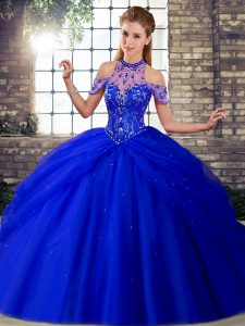 Royal Blue Sleeveless Tulle Brush Train Lace Up 15 Quinceanera Dress for Military Ball and Sweet 16 and Quinceanera
