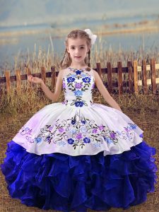 Floor Length Royal Blue Little Girls Pageant Dress Wholesale Scoop Sleeveless Lace Up