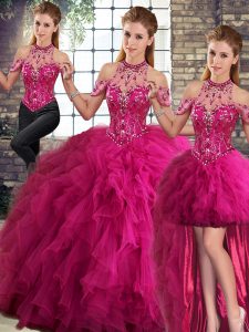Luxurious Beading and Ruffles Quinceanera Gown Fuchsia Lace Up Sleeveless Floor Length