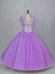 Modern Lavender Tulle Lace Up Sweetheart Sleeveless Floor Length Quinceanera Gowns Beading